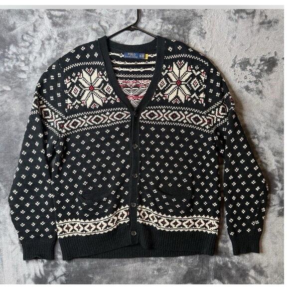POLO RALPH LAUREN Black Snowflake Cotton-Cashmere Cardigan Sweater XL - Picture 1 of 5
